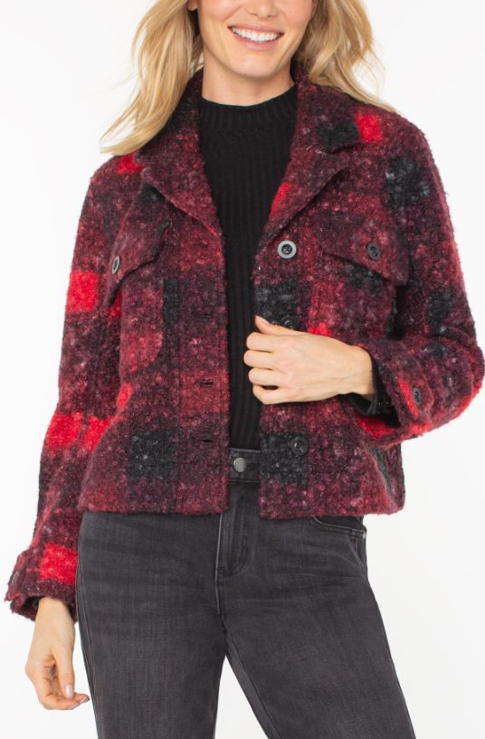 Liverpool Button Front Boxy Shacket (Red/Black Buffalo Check Sherpa)