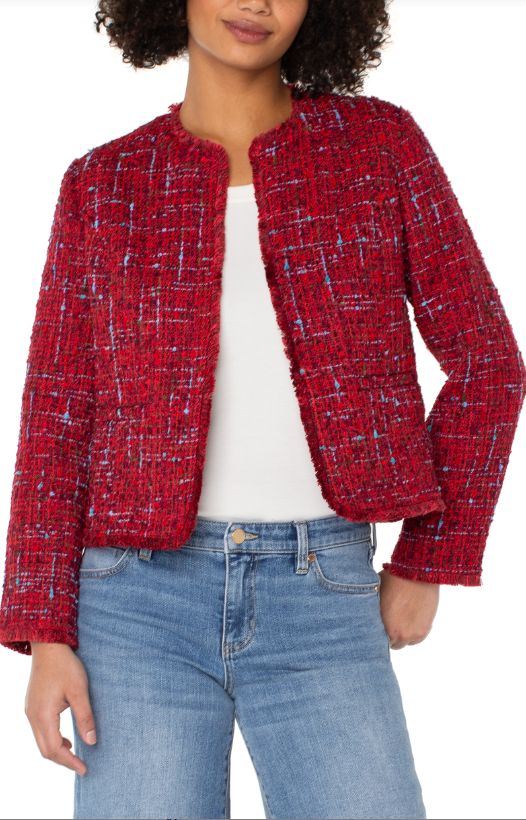 Liverpool Collarless Jacket with Frayed Edges (Red Multi Boucle)