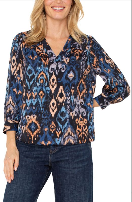Liverpool 3/4 Sleeve V Neck Popover Blouse (Blue Multi Ikat)