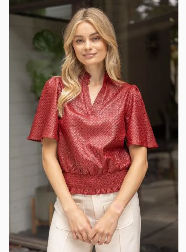 Smocked Hem and Solid Textured Top Burgundy