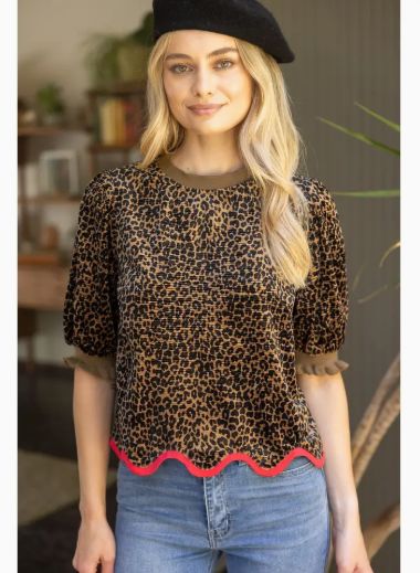 Contrast Wavy Hem Detailed Velve Animal Print Top