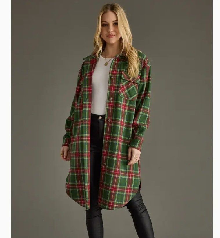 Green &amp; Red Plaid Long Shacket