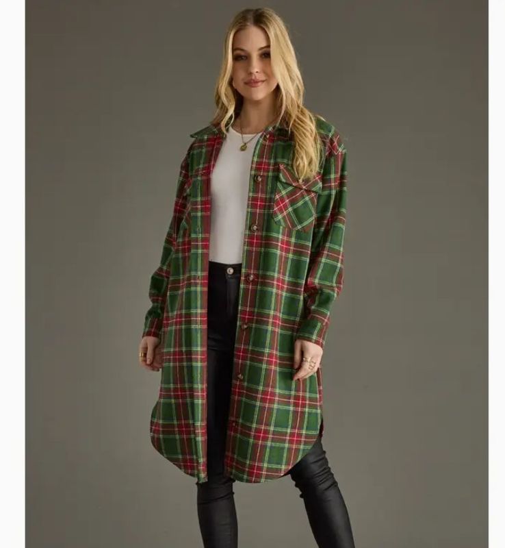 Green &amp; Red Plaid Long Shacket