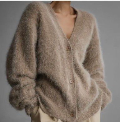 Demure Fluffy Button-Down V-Neck Cardigan
