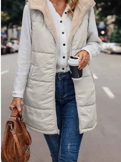 Faux Sherpa Lined Strip Zipper Hooded Vest (Off White)