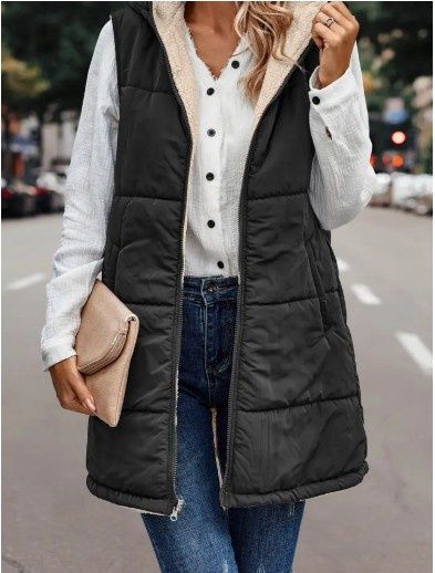 Reversible Plain Hooded Quilted Midi Vest  (Black)