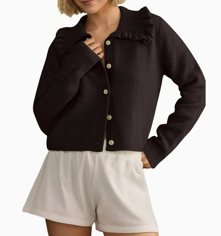 Ruffled Frilled Collar Knit Cardigan (Black)