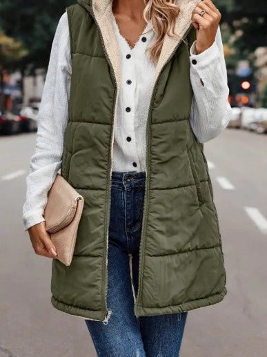 Reversible Plain Hooded Quilted Midi Vest (Olive)