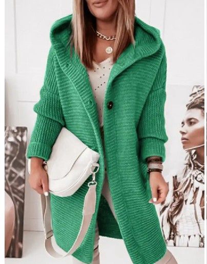 Plain Button Down Hooded Knit Long Cardigan Coat (Green)