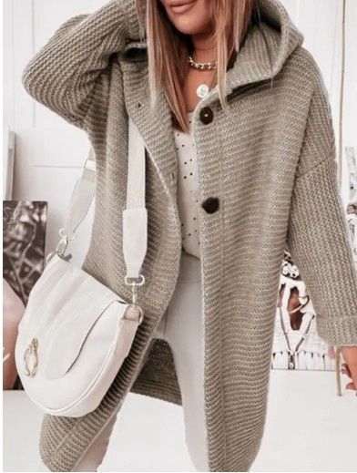 Plain Button Down Hooded Knit Long Cardigan Coat (Khaki)