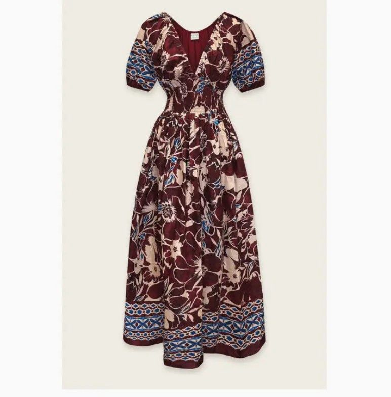 Serene Hills Puff Sleeve V Neck Dress