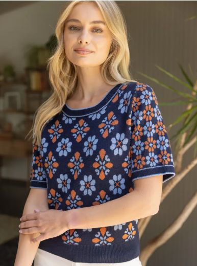 Short Puff Sleeve Floral Abstract Knit Top
