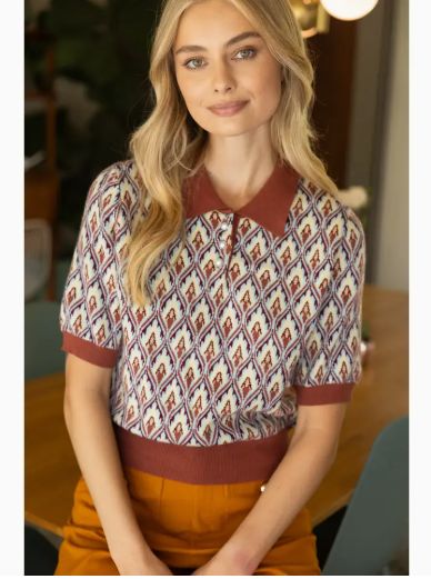 Quarter Button Collared Abstract Ribbed Knit Top