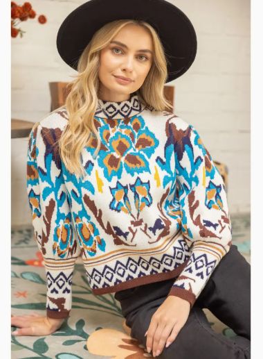 Long Sleeve Multi Color Abstract Sweater Top