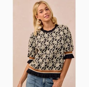 Textured Rose Knit Top Contrast Banded Puff Sleeve