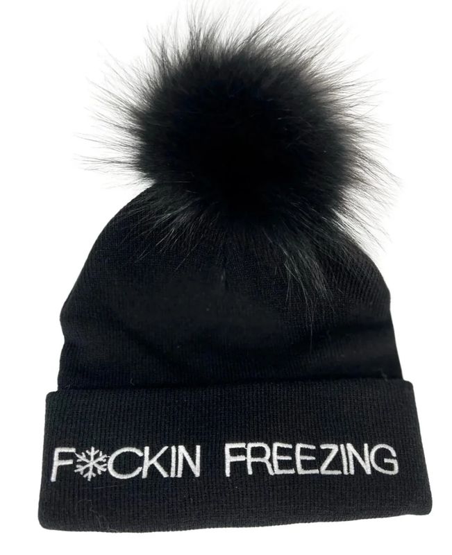 Mitchie&#39;s Matchings F*cking Freezing Hat with Black Fox Pom