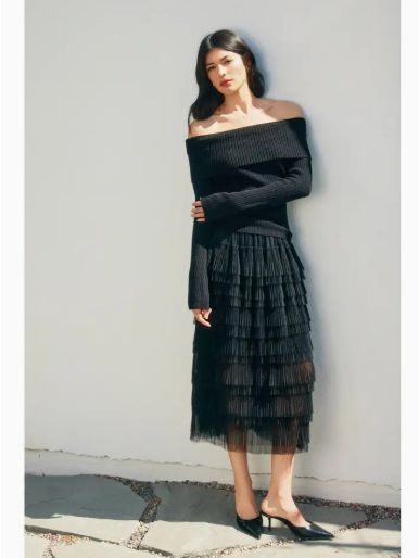 Micro Pleated Mesh Skirt Black