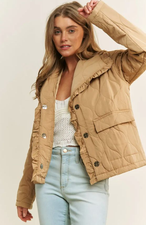 Ruffle Edge Detail Quilted Loose Fit Jacket (Taupe)
