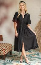 Smocked Waist Pleated Detailed Zipper Up Midi Dress (Black)