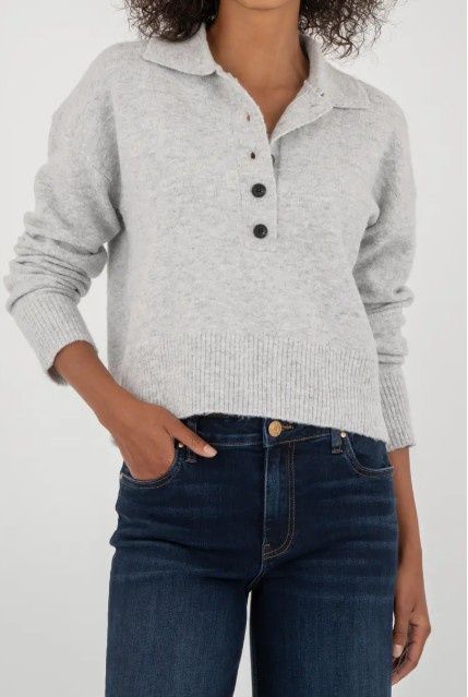 KUT from the Kloth Lilia Boxy Half Button Sweater (Heather Grey)
