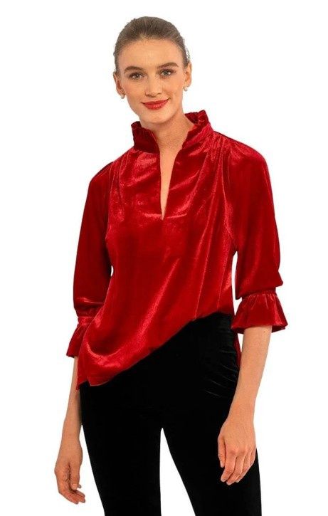 Gretchen Scott Ruffle Neck Tunic Red Silky Velvet