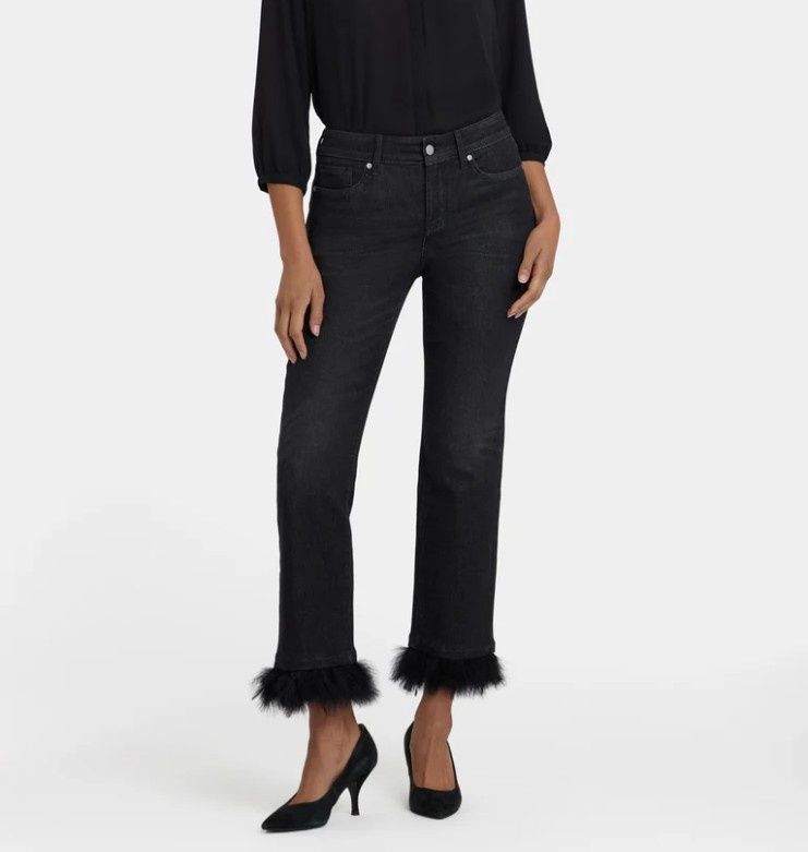 NYDJ Marilyn Straight Ankle Jeans With Detachable Feather Trim (French Nightfall)