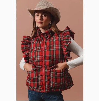 Christmas Checker Plaid Puffer Vest with Ruffles