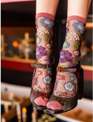 Sock Candy Dark Florals Black Sheer Crew Sock