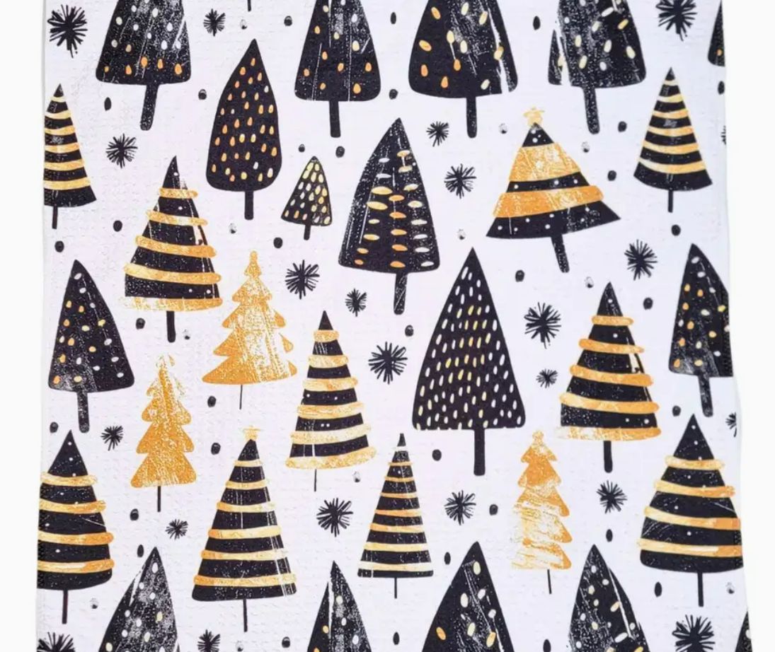 Driftless Studios Black &amp; Gold Christmas Trees - Holiday Decor Waffle Towel