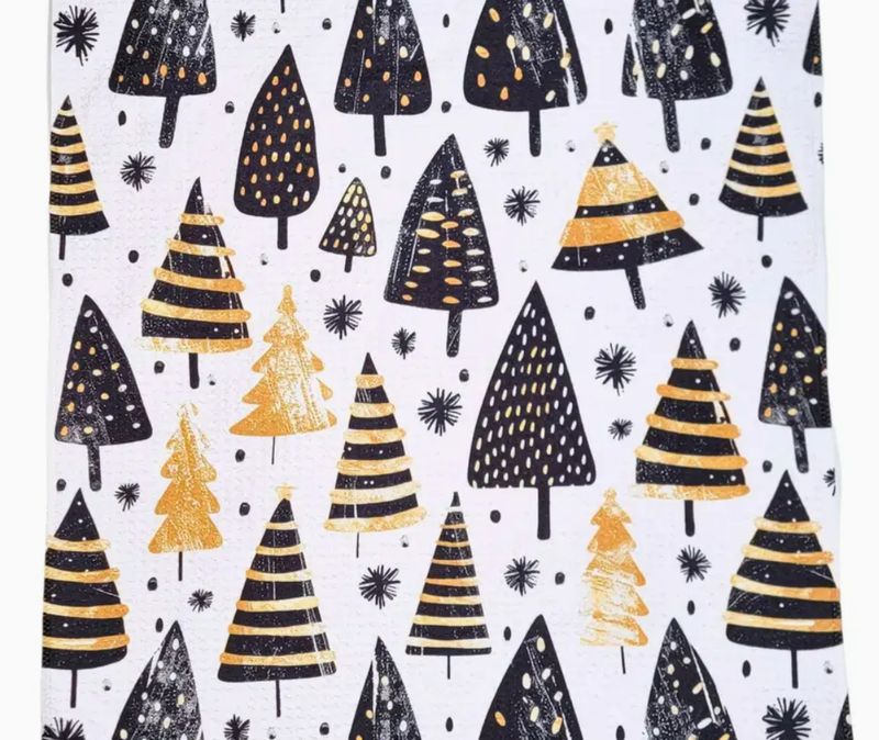 Driftless Studios Black &amp; Gold Christmas Trees - Holiday Decor Waffle Towel