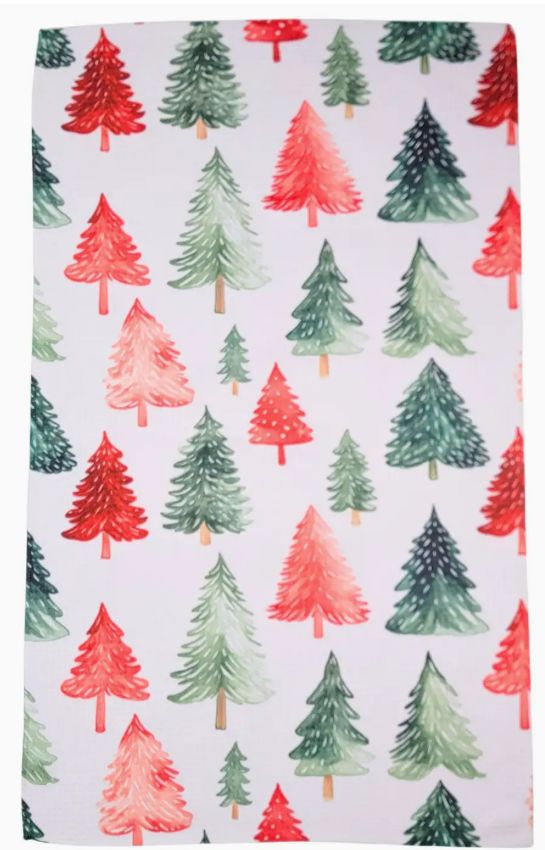 Driftless Studios Red &amp; Green Christmas Trees Waffle Tea Towel