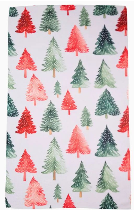 Driftless Studios Red &amp; Green Christmas Trees Waffle Tea Towel