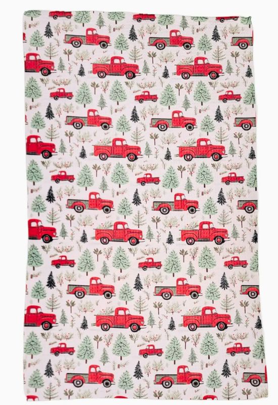 Driftless Studios Red Christmas Truck with Tree Waffle Kitchen Tea Towel