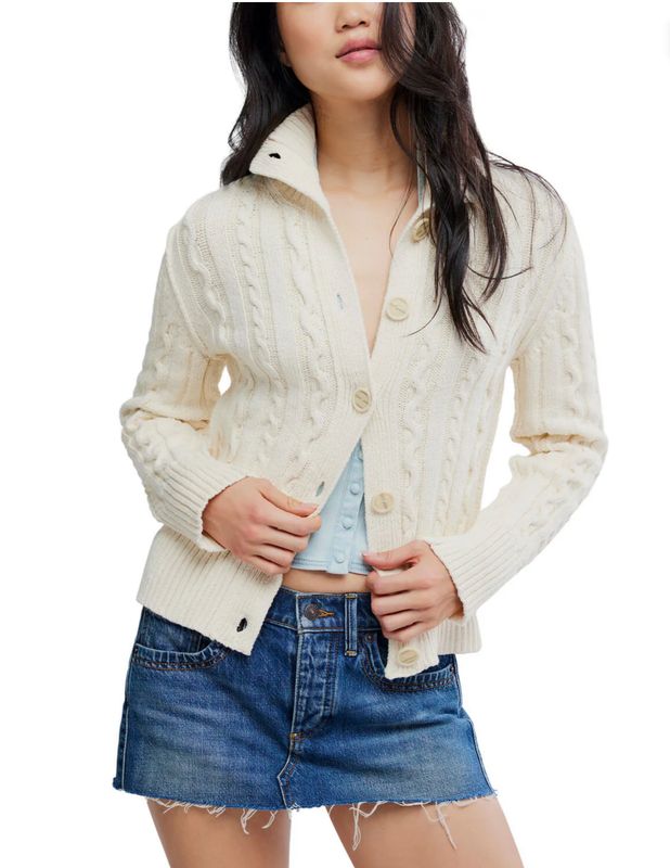 Free People Cable Collar Cardigan