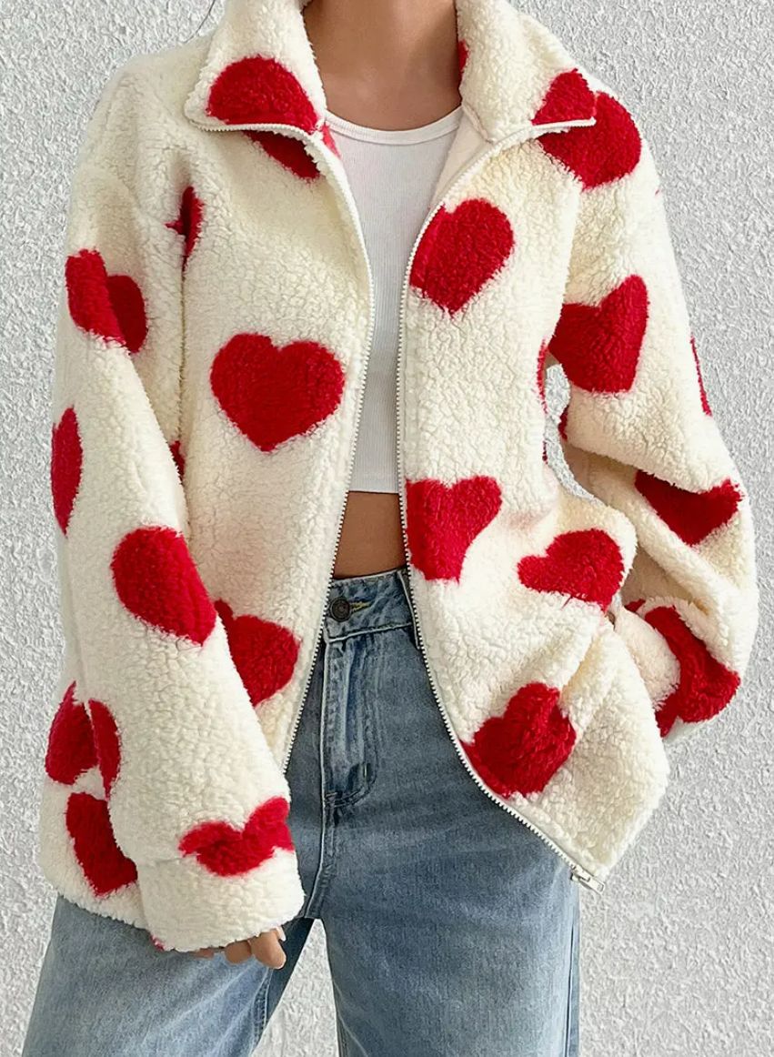 Heart Patterned Cozy Zip-Up Coat