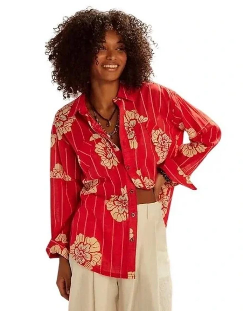 Free People We The Free Cherry Combo Bold Poppi Flower Long Sleeve Shirt