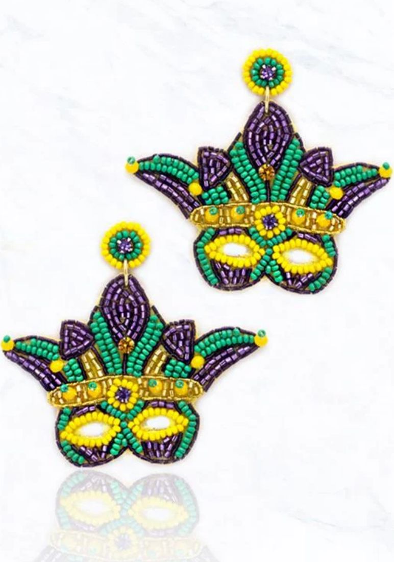 Mardi Gras Mask Seed Bead Drop Earrings