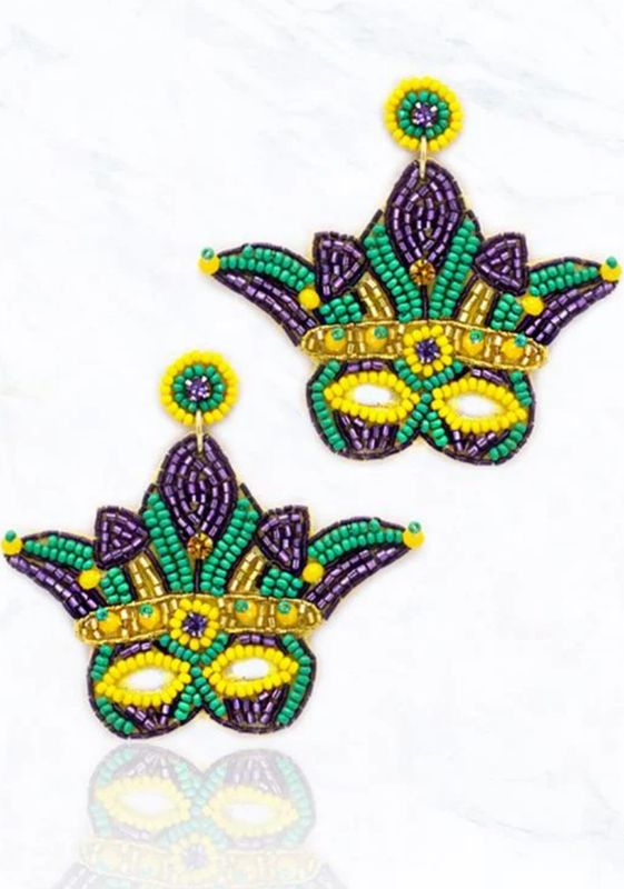 Mardi Gras Mask Seed Bead Drop Earrings