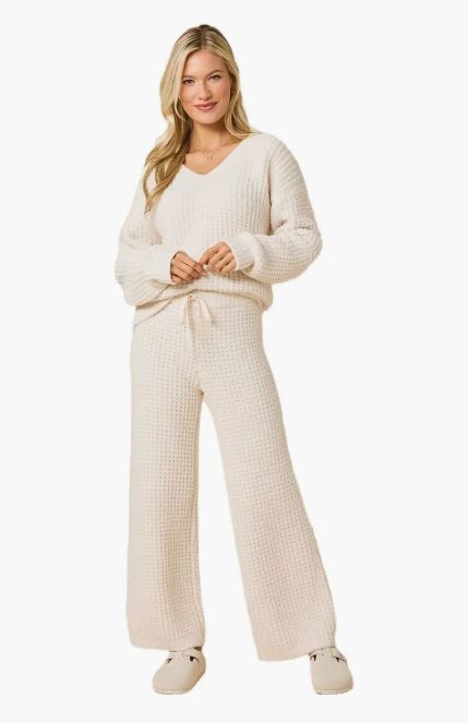 Softies Waffle Marshmallow V-Neck Lounge Set Almond
