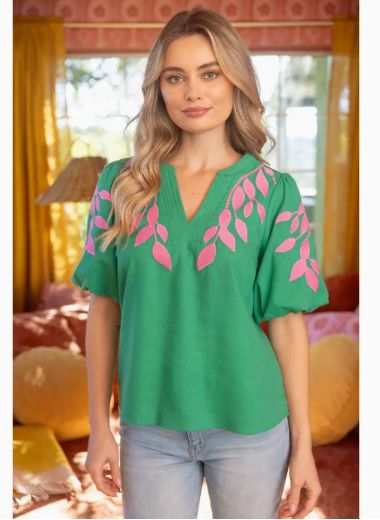 Green &amp; Pink Floral Embroidered Bubble Sleeve V-Neck Top