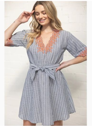 Floral Embroidered Stripe V-Neck Dress