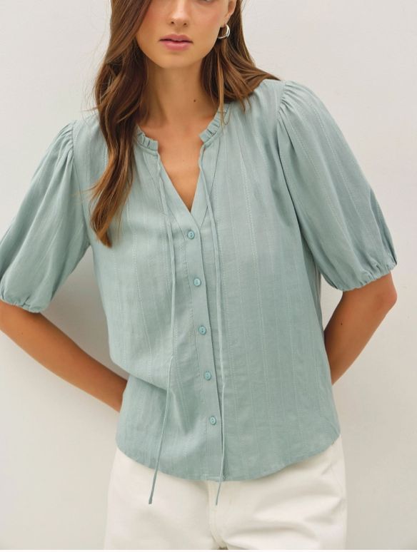 Linen Blended Ruffle Trim Front Tie Blouse (Sage)