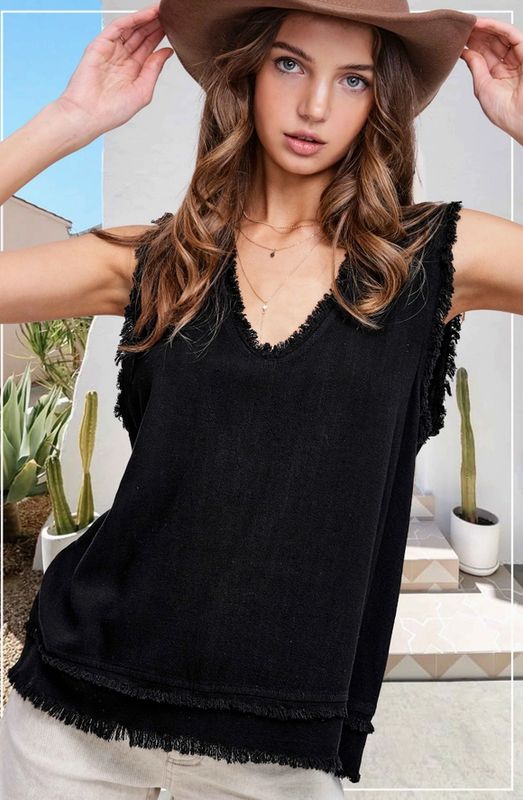 Soft Washed Gauze Cut Edge Sleeveless V-Neck Top (Black))