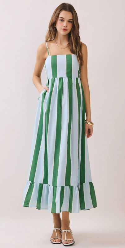 Striped Back Smocked Detail Side Pocket Maxi Dress (Green)