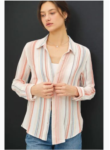 Striped Gauzy Button Up Top w/ Roll Up Sleeves
