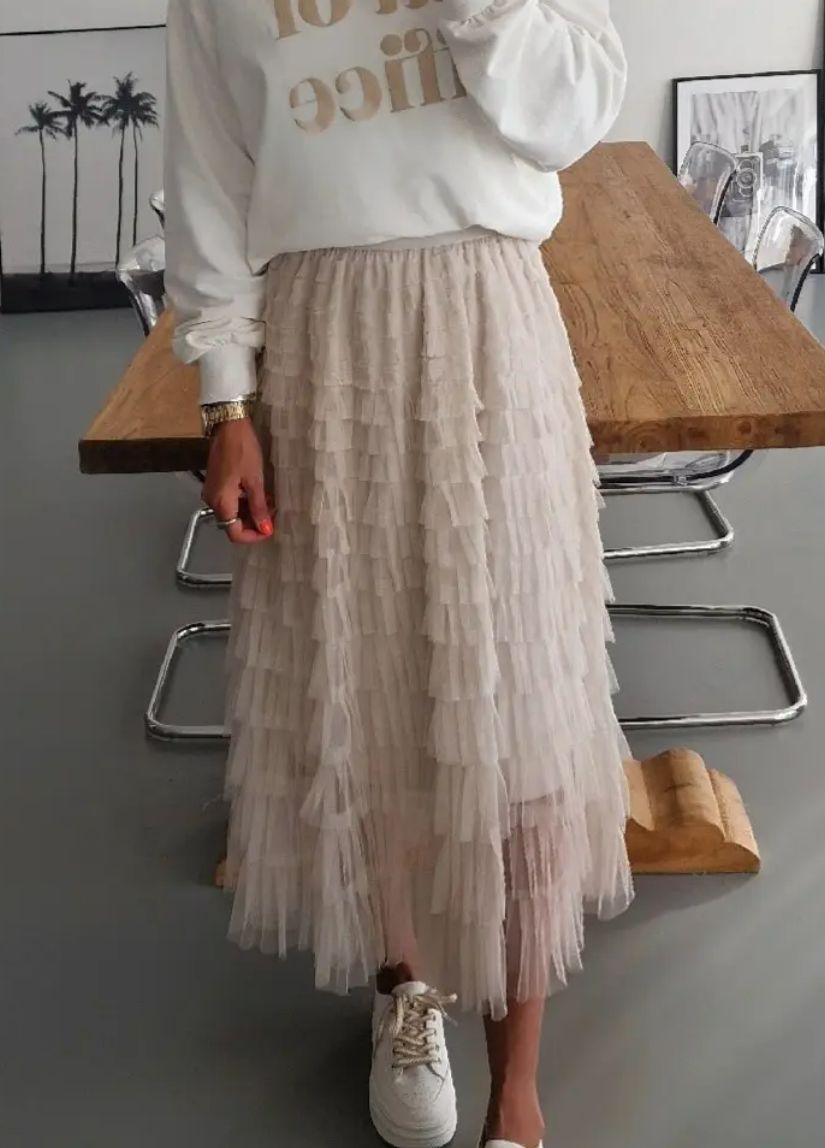 Chic Mesh Panelled Cake Skirt (Khaki)