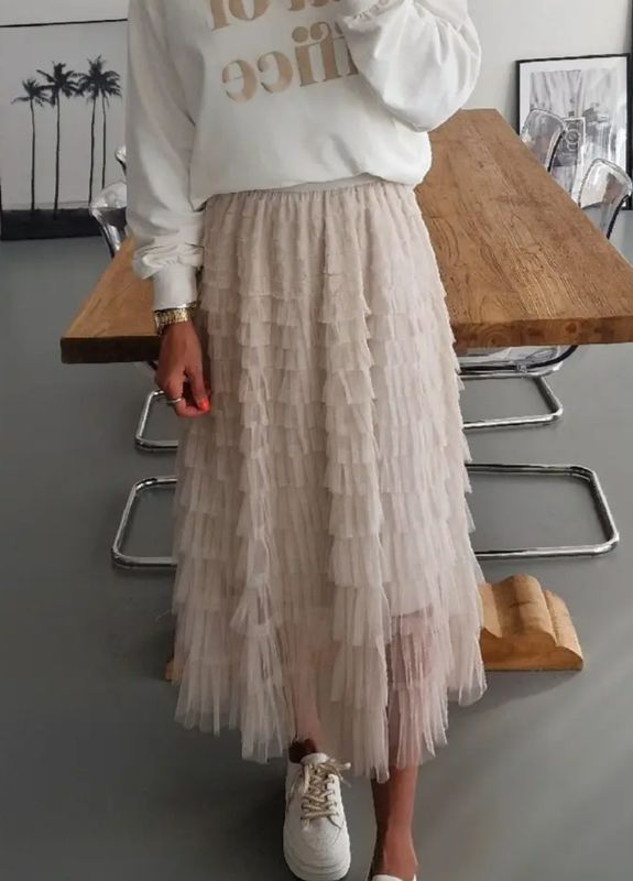 Chic Mesh Panelled Cake Skirt (Khaki)