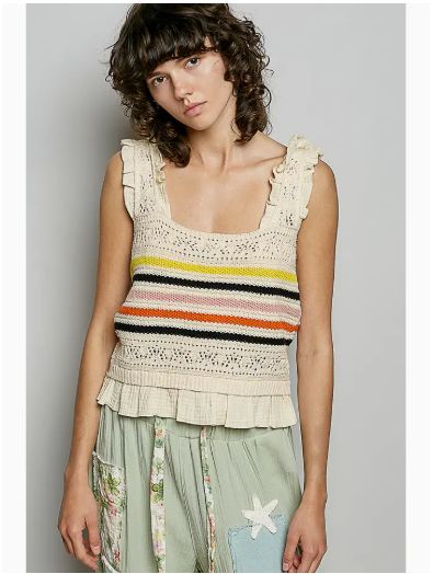 Sleeveless Striped Ruffle Sweater Knit Top