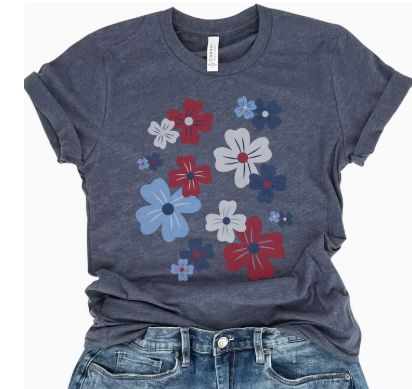 Red White Blue Patriotic Flowers Graphic T-Shirt