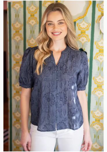 Floral Textured Blouse Navy